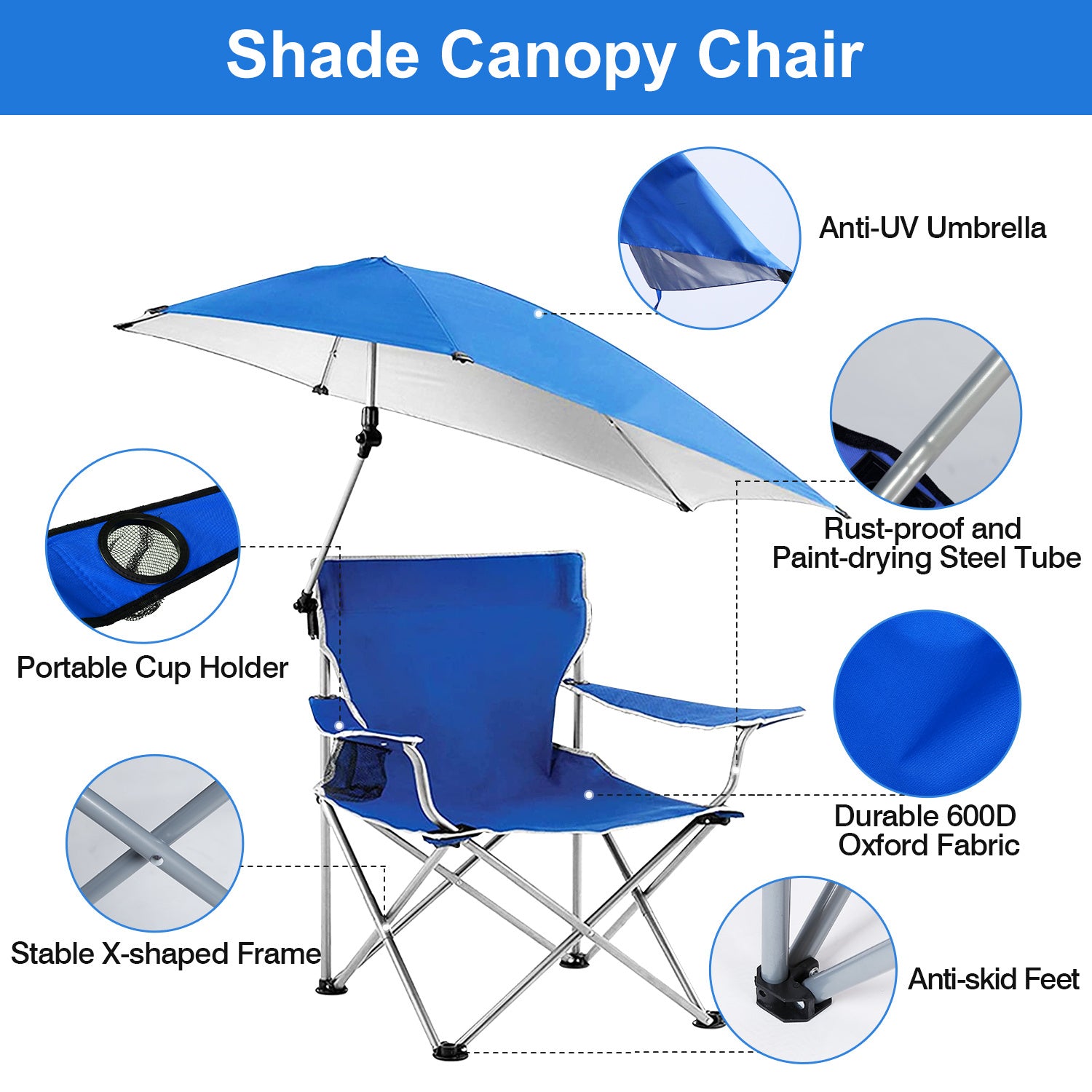 Foldable Beach Chair with Detachable Umbrella Armrest Adjustable Canopy Stool with Cup Holder Carry Bag for Camping Poolside Travel Picnic Lawn Chair Doba